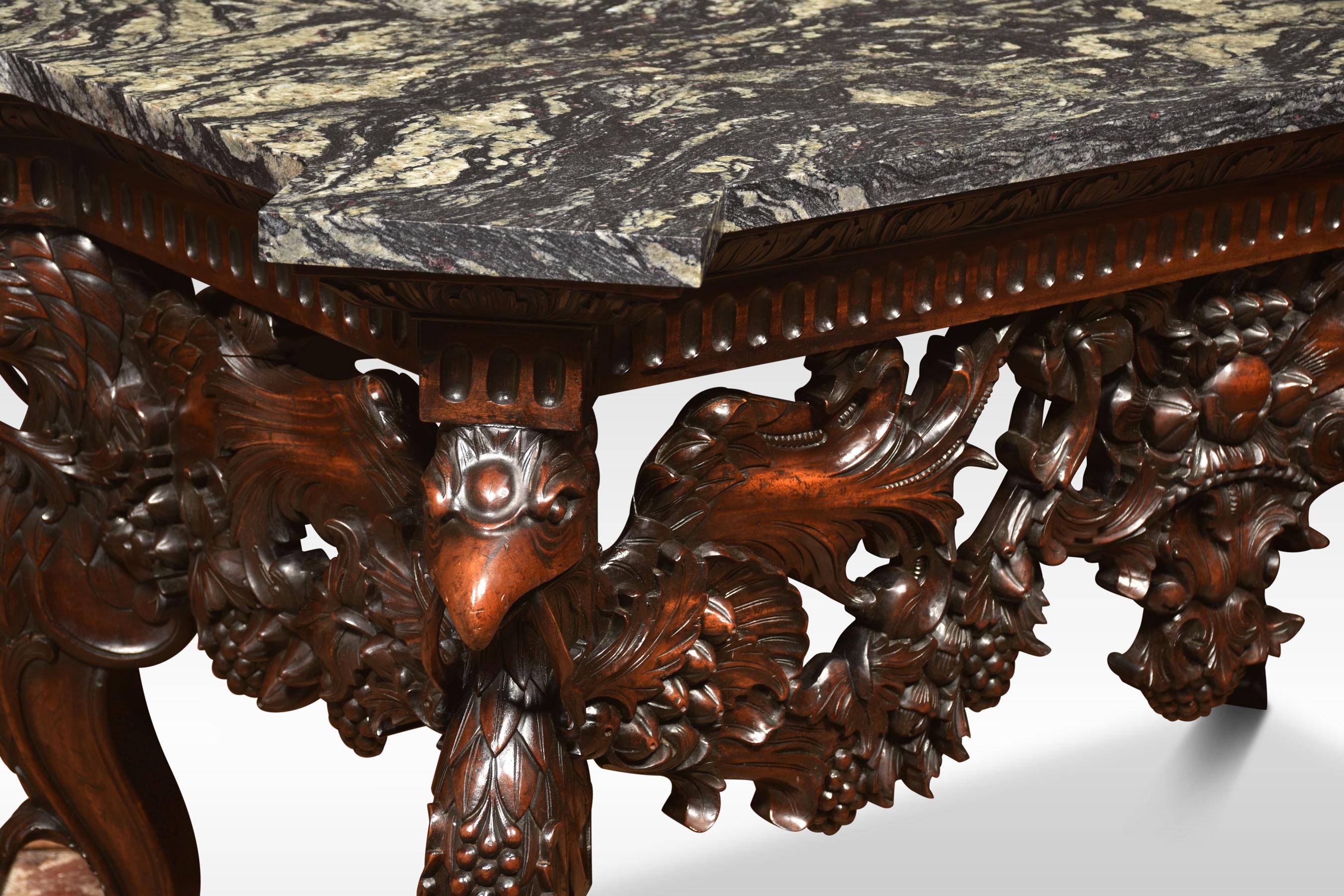 Large Impressive console table the large well-figured marble top with protruding corners above a heavily carved walnut base with pierce scrolling foliated decoration, raised on four eagle-headed cabriole legs with square feet.
Dimensions
Height 35
