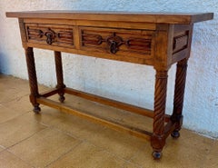 Carved Walnut Console Table With Solomonic Legs And Two Drawers, 1920s