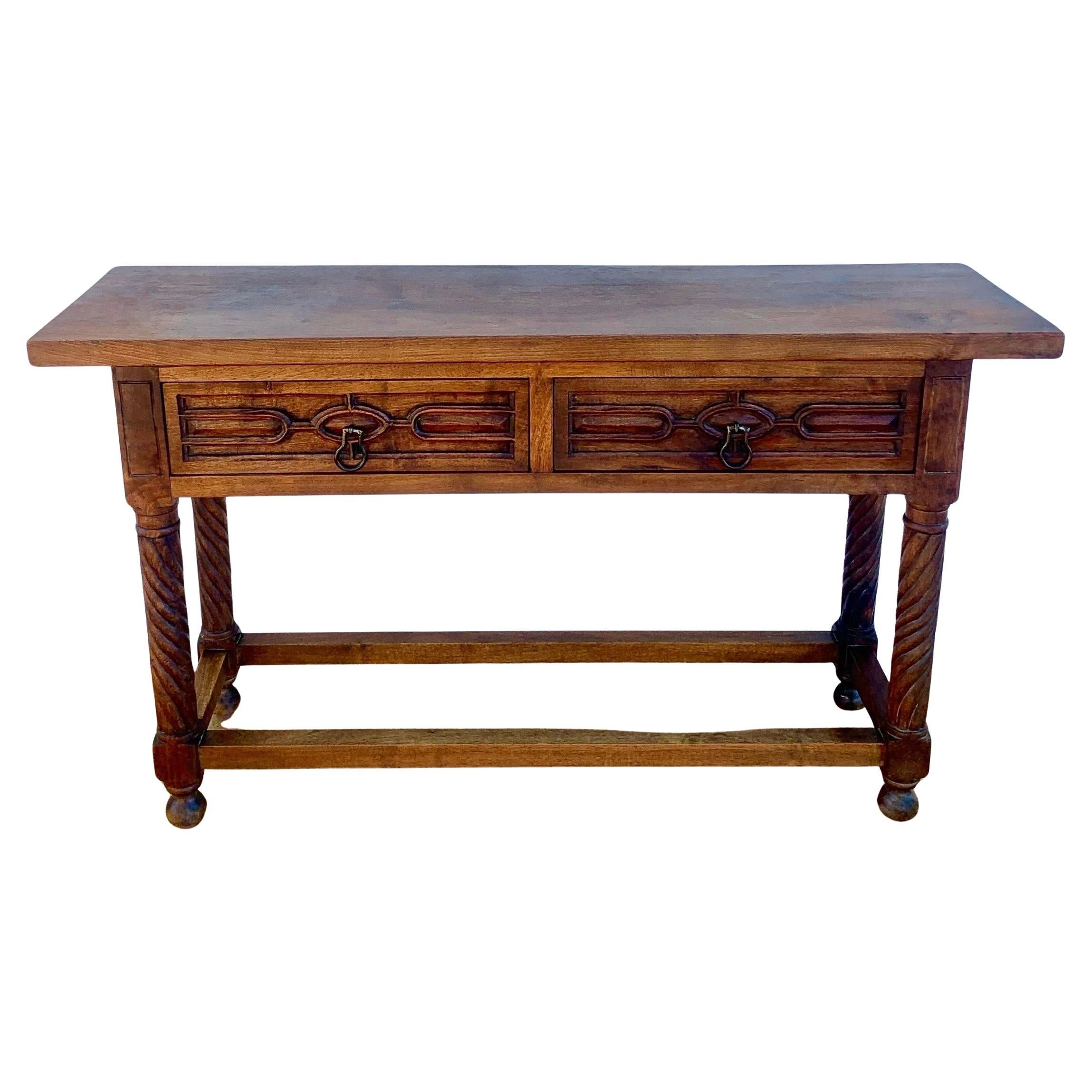 Carved Walnut Console Table With Solomonic Legs And Two Drawers, 1920s