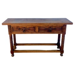 Carved Walnut Console Table With Solomonic Legs And Two Drawers, 1920s