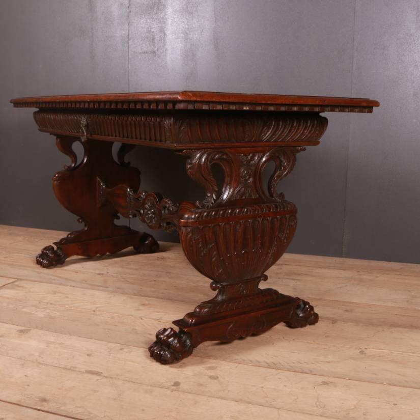 18th century carved walnut centre table or desk. Wonderful colour and very good carvings, 1790

Dimensions
62.5 inches (159 cms) wide
29.5 inches (75 cms) deep
32 inches (81 cms) high.

        
