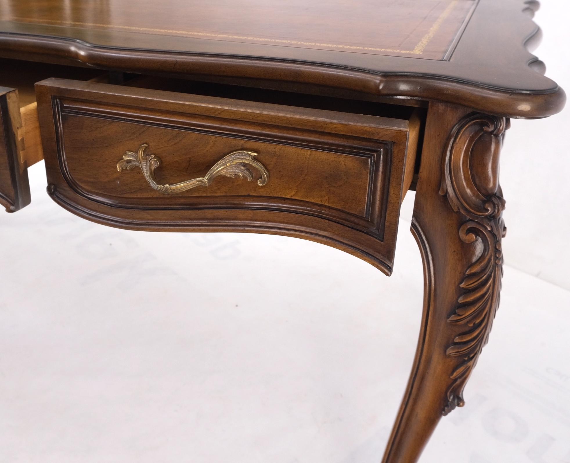 French Provincial Carved Walnut Embossed Leather Top Country 3 Drawer French Desk
