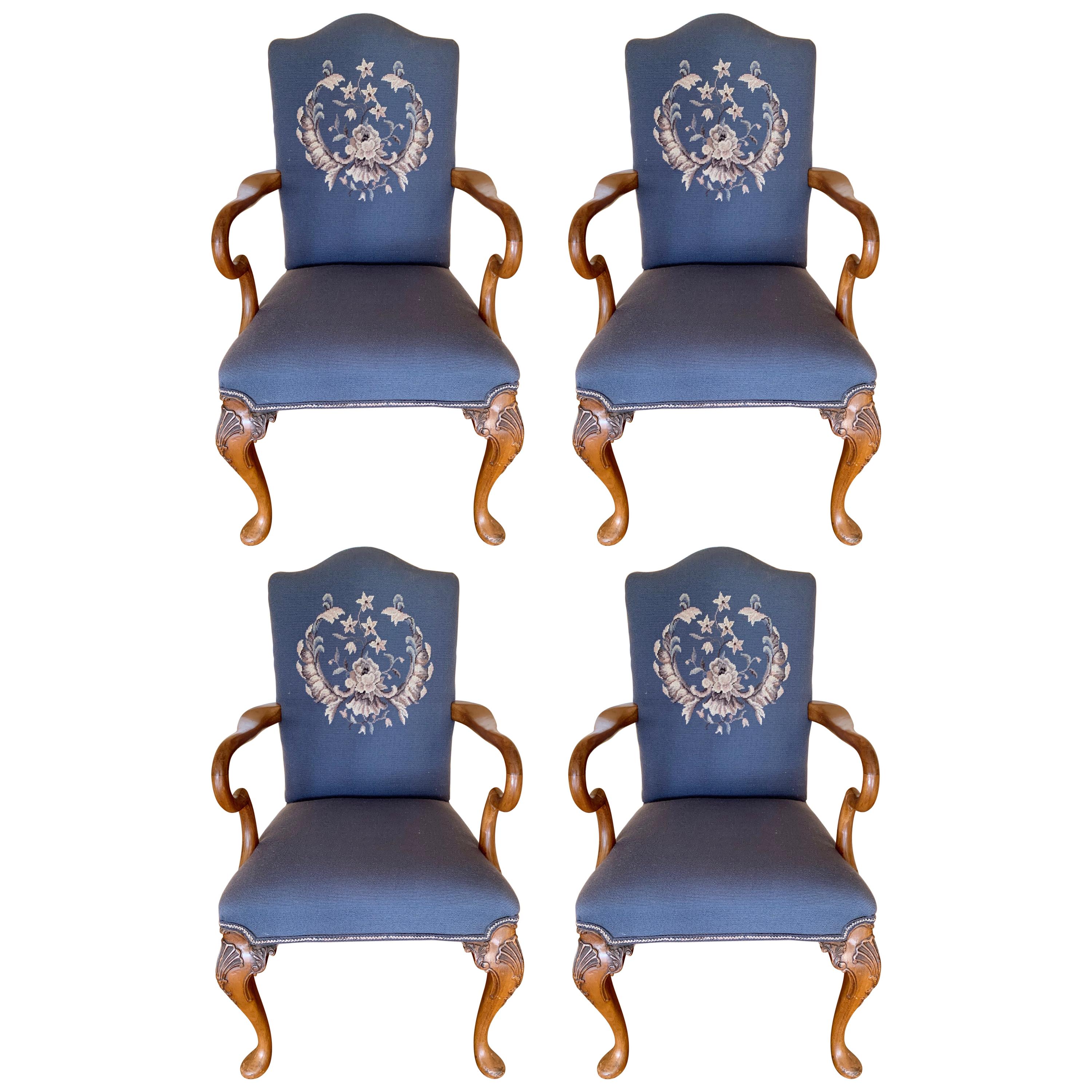 Carved Walnut Embroidered Needlepoint Dining Chairs, Set of 4