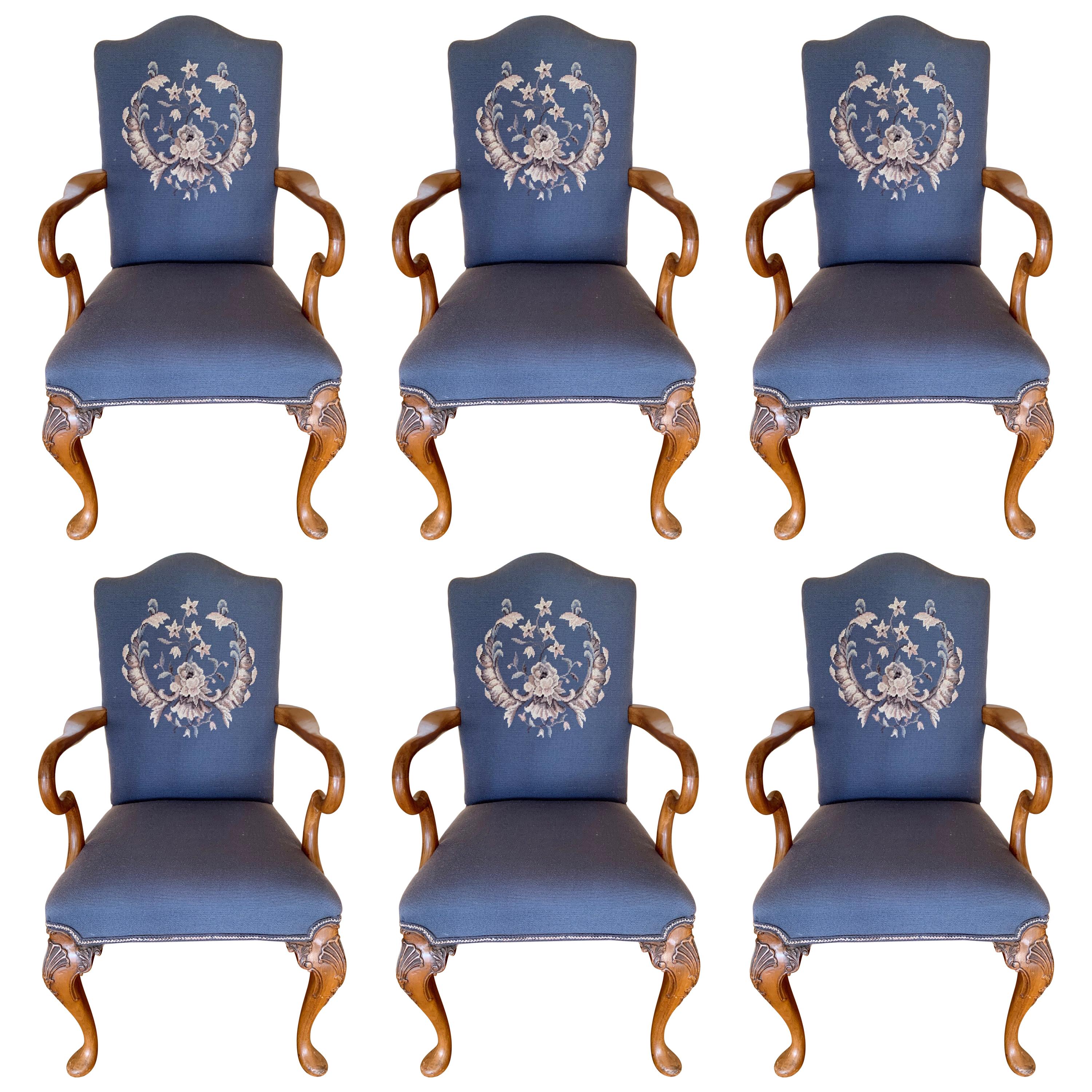 Carved Walnut Embroidered Needlepoint Dining Chairs, Set of 6