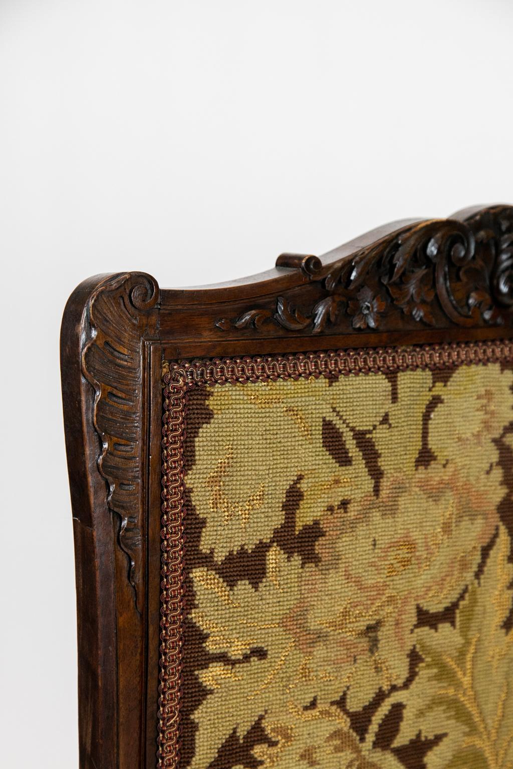 19th Century Carved Walnut English Foliate Needlepoint Firescreen For Sale