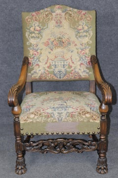 Carved Walnut English Victorian Tall Back Needlepoint Upholstered Throne Chair