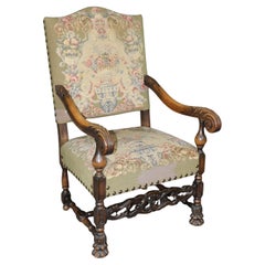 Carved Walnut English Victorian Tall Back Needlepoint Upholstered Throne Chair