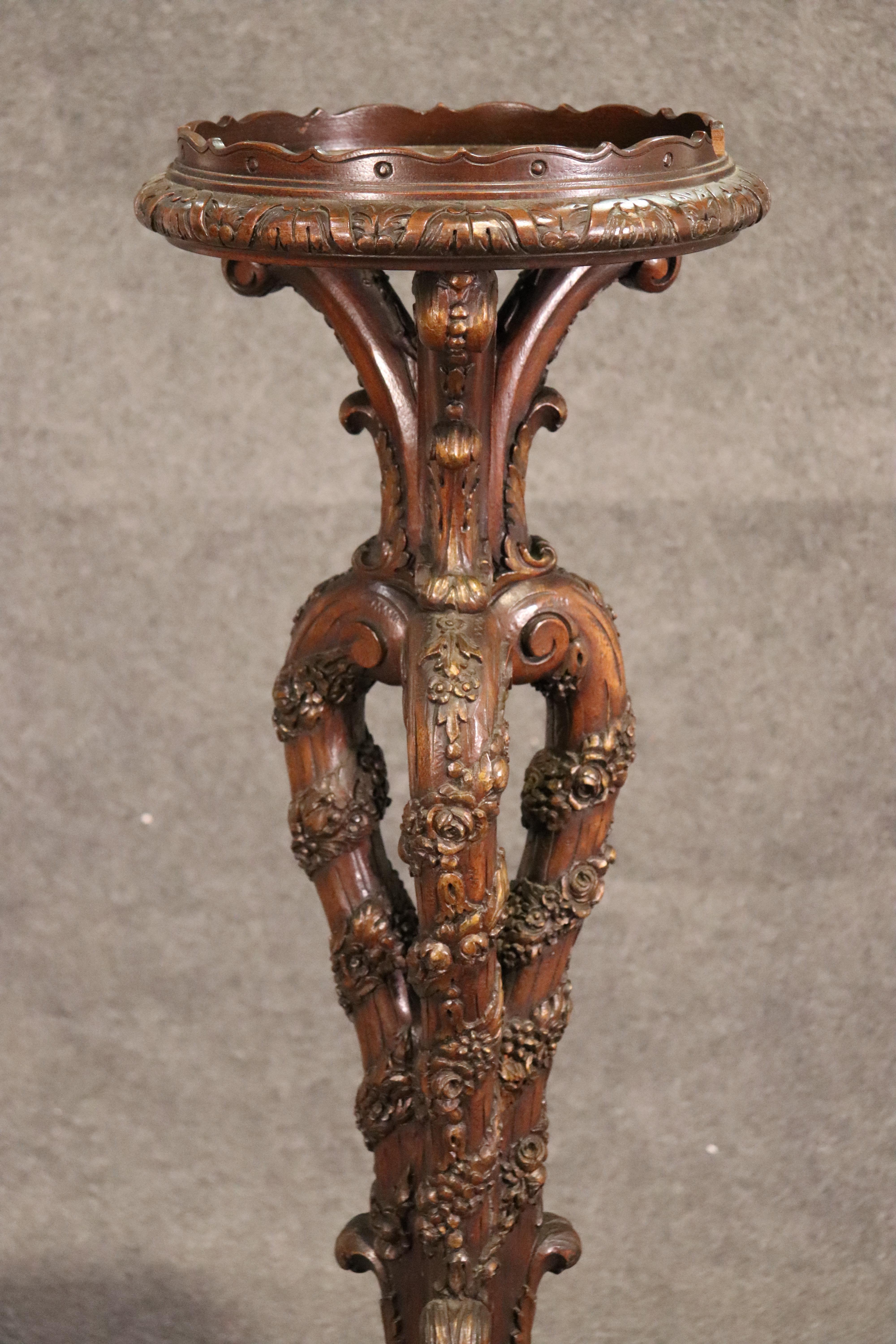 American Carved Walnut Faux Bois Floral Victorian Plantstand Pedestal Lamp, circa 1900