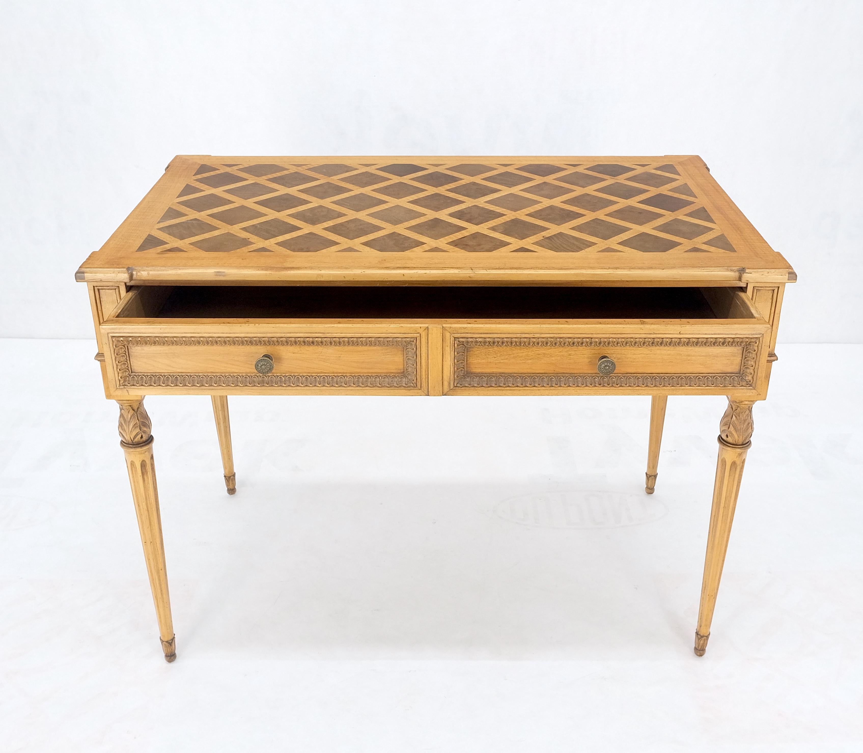 Carved Walnut Fine Marquetry Top Two Drawers Low Profile Desk Writing Table MINT For Sale 4