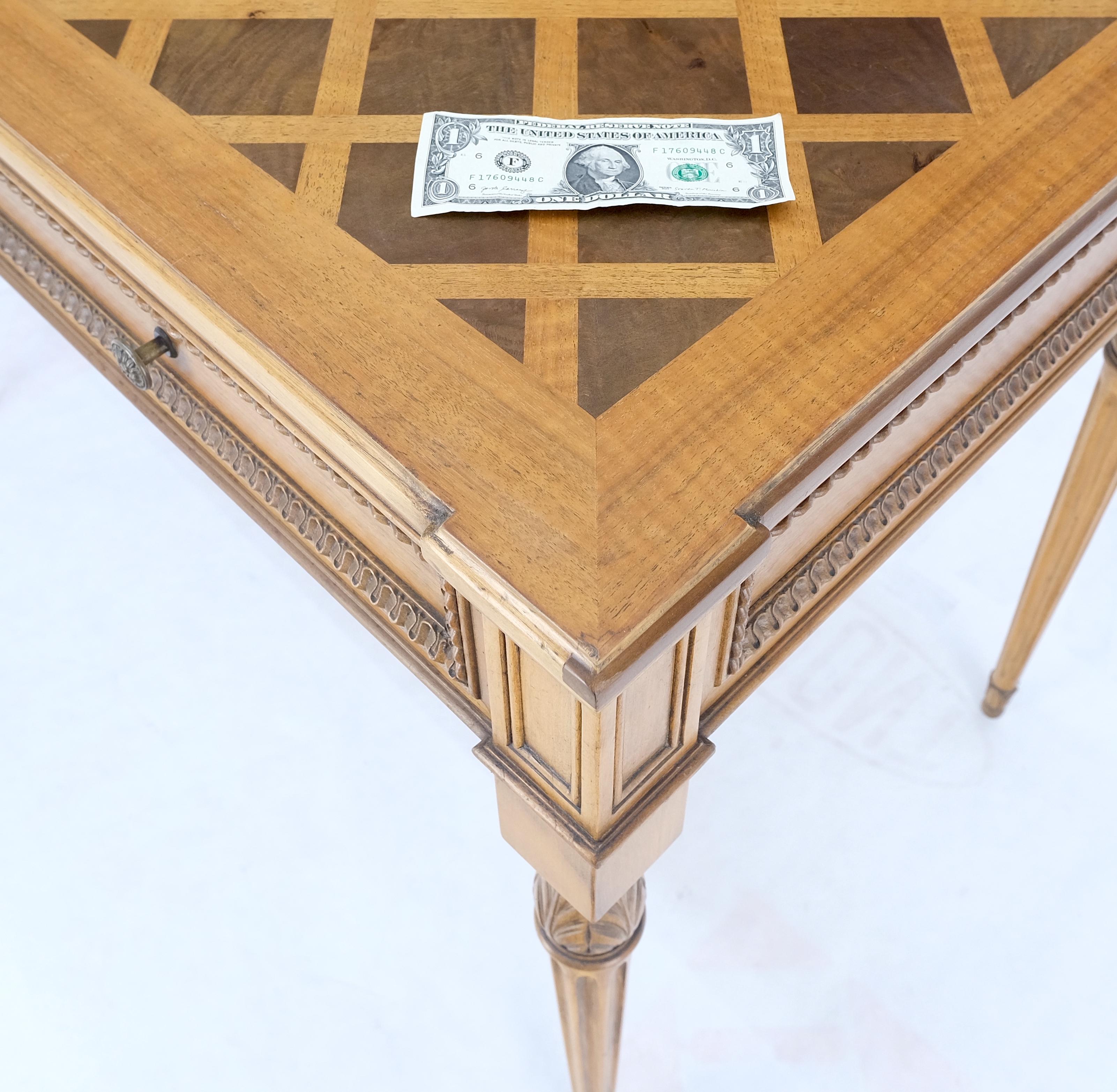 Carved Walnut Fine Marquetry Top Two Drawers Low Profile Desk Writing Table MINT For Sale 7