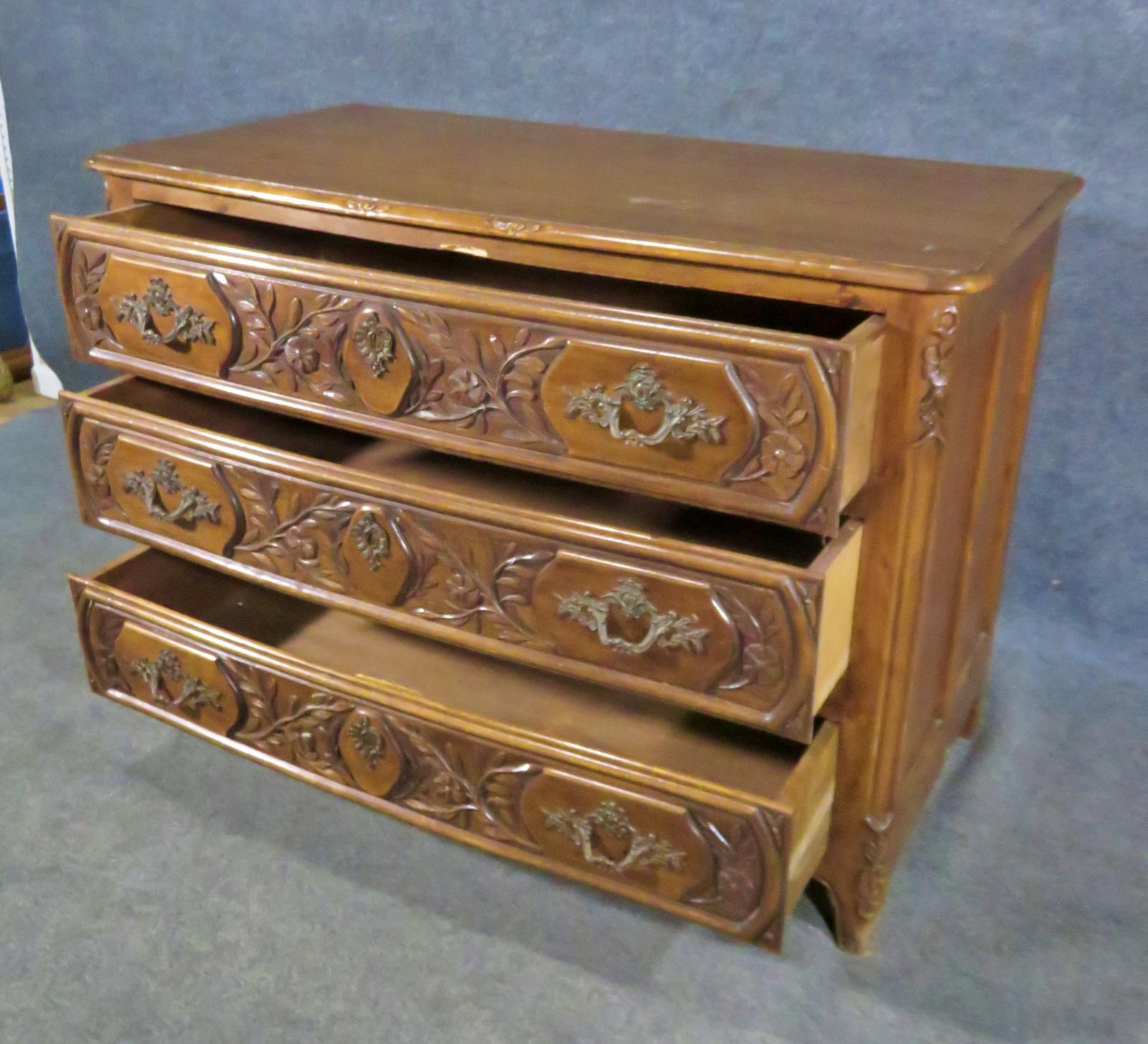 French Provincial Carved Walnut Floral French Louis XV Style Commode Dresser For Sale