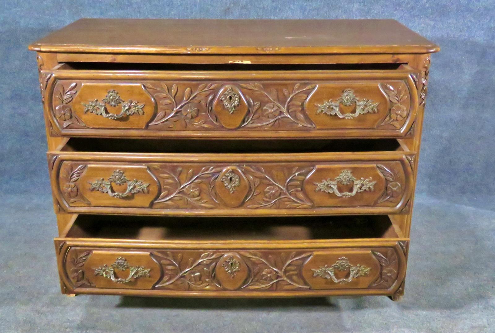 American Carved Walnut Floral French Louis XV Style Commode Dresser For Sale