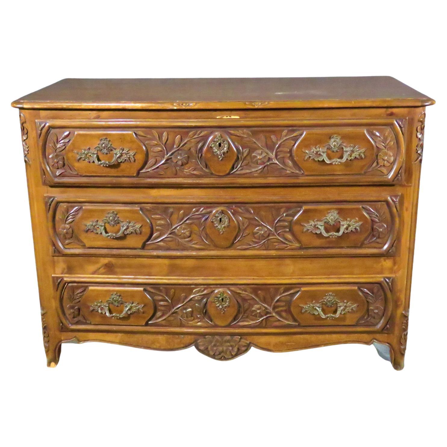 Carved Walnut Floral French Louis XV Style Commode Dresser For Sale