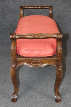Carved Walnut French Cane and Upholstered Louis XV Style Window Bench