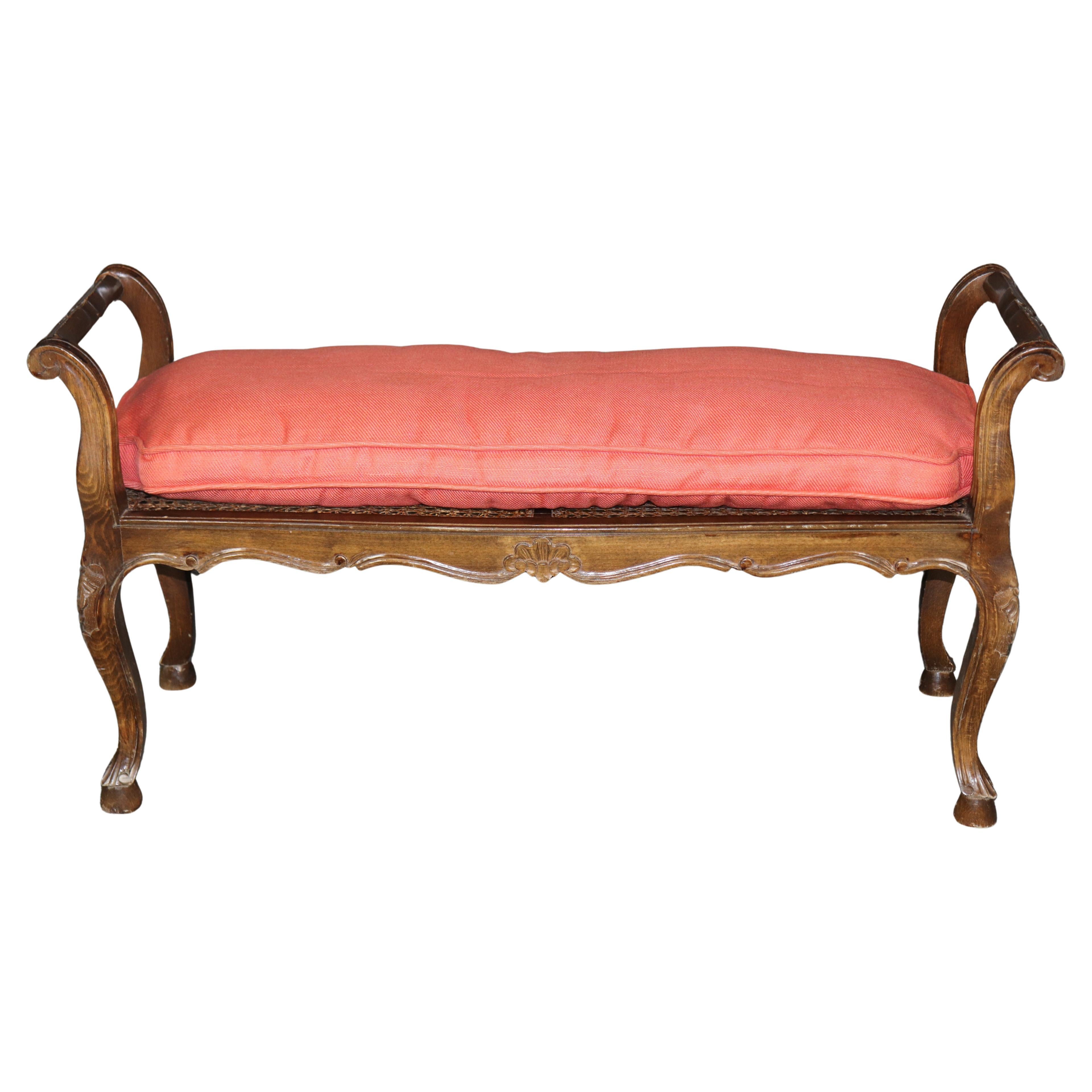 Carved Walnut French Cane and Upholstered Louis XV Style Window Bench For Sale