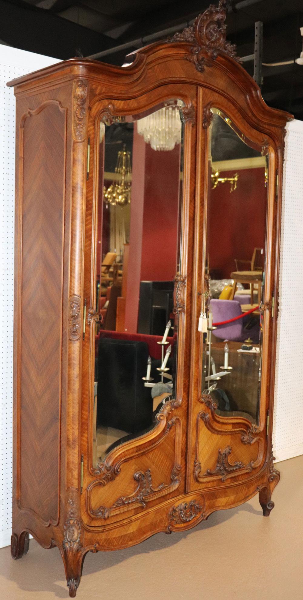 Late 19th Century Carved Walnut French Louis XV Mirrored Armoire, C1890