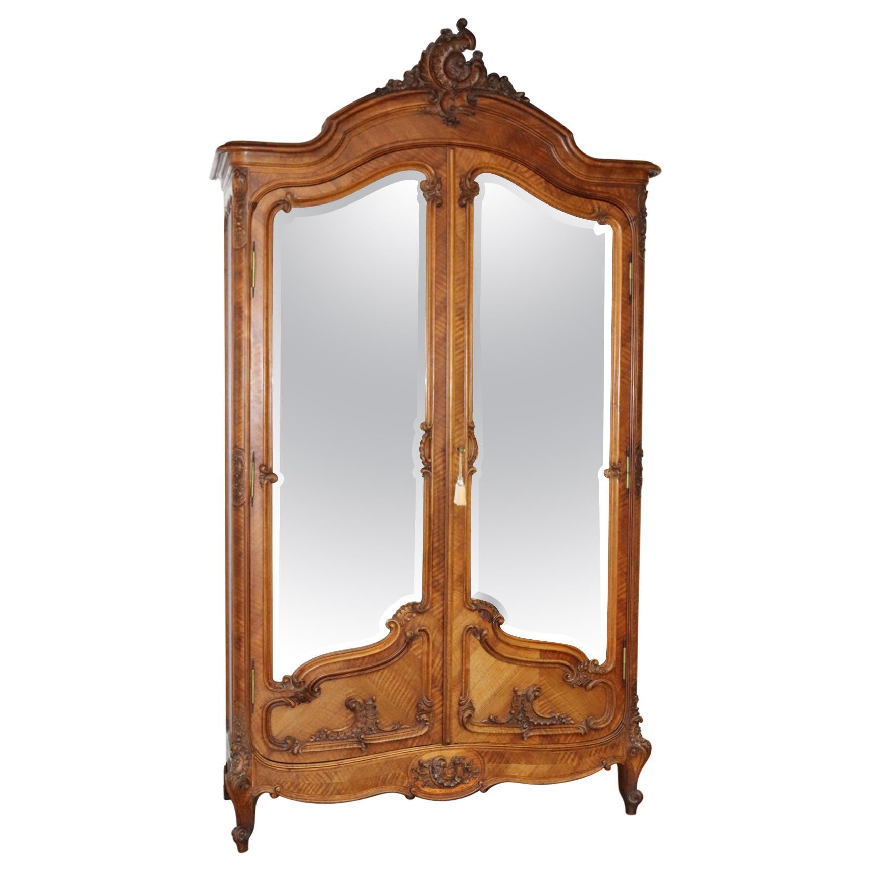 Carved Walnut French Louis XV Mirrored Armoire, C1890