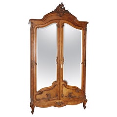 Carved Walnut French Louis XV Mirrored Armoire, C1890