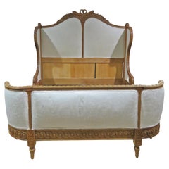 Carved Walnut French Louis XVI Upholstered Corbeille Bed, Circa 1920s
