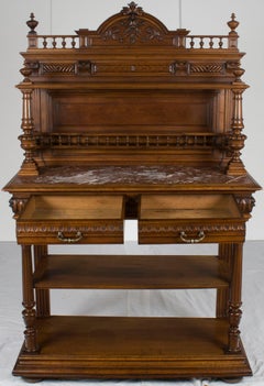 Carved Walnut French Marble Top Dessert Buffet Server Sideboard