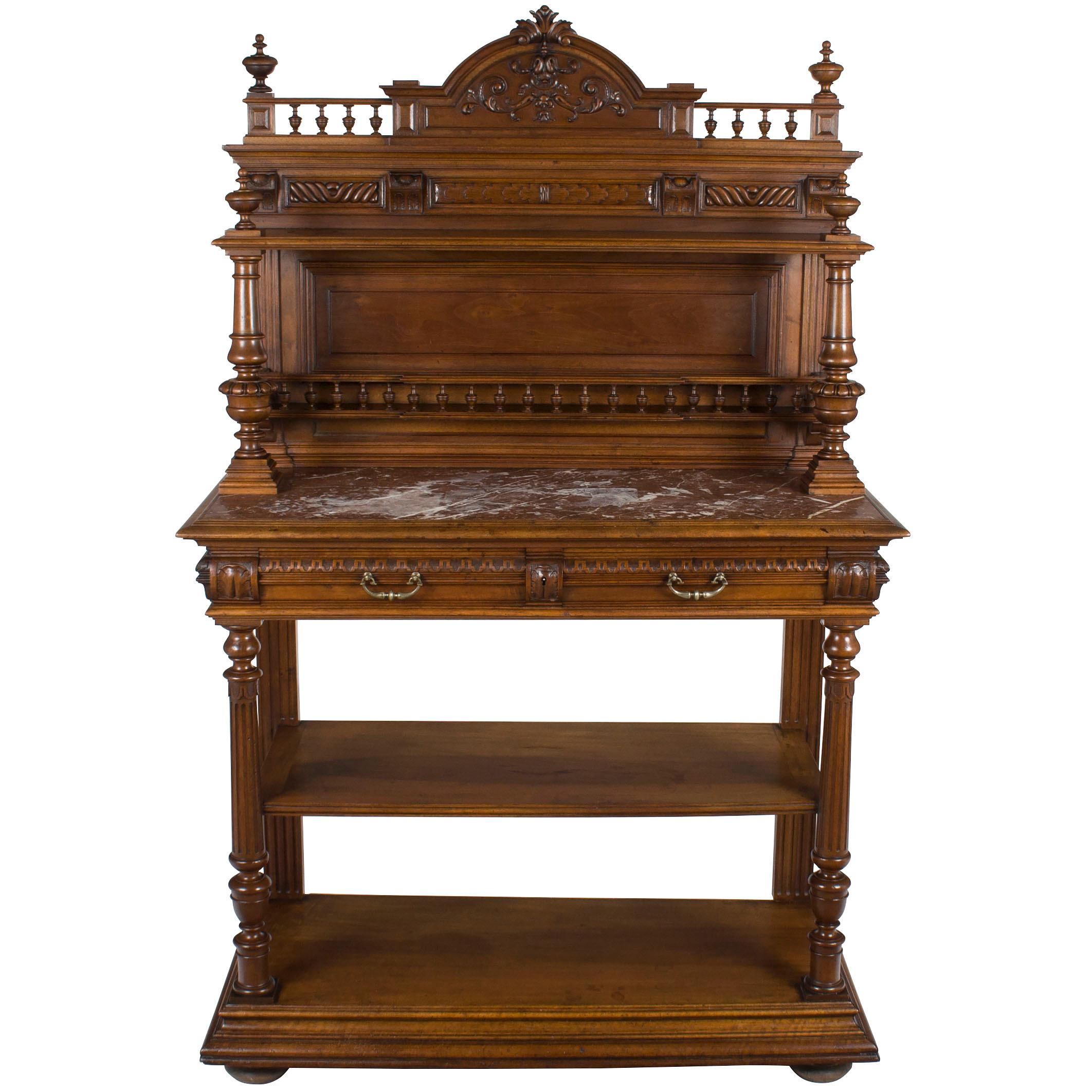 Carved Walnut French Marble Top Dessert Buffet Server Sideboard