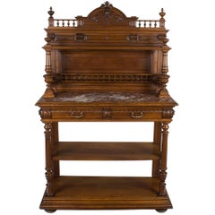 Carved Walnut French Marble Top Dessert Buffet Server Sideboard