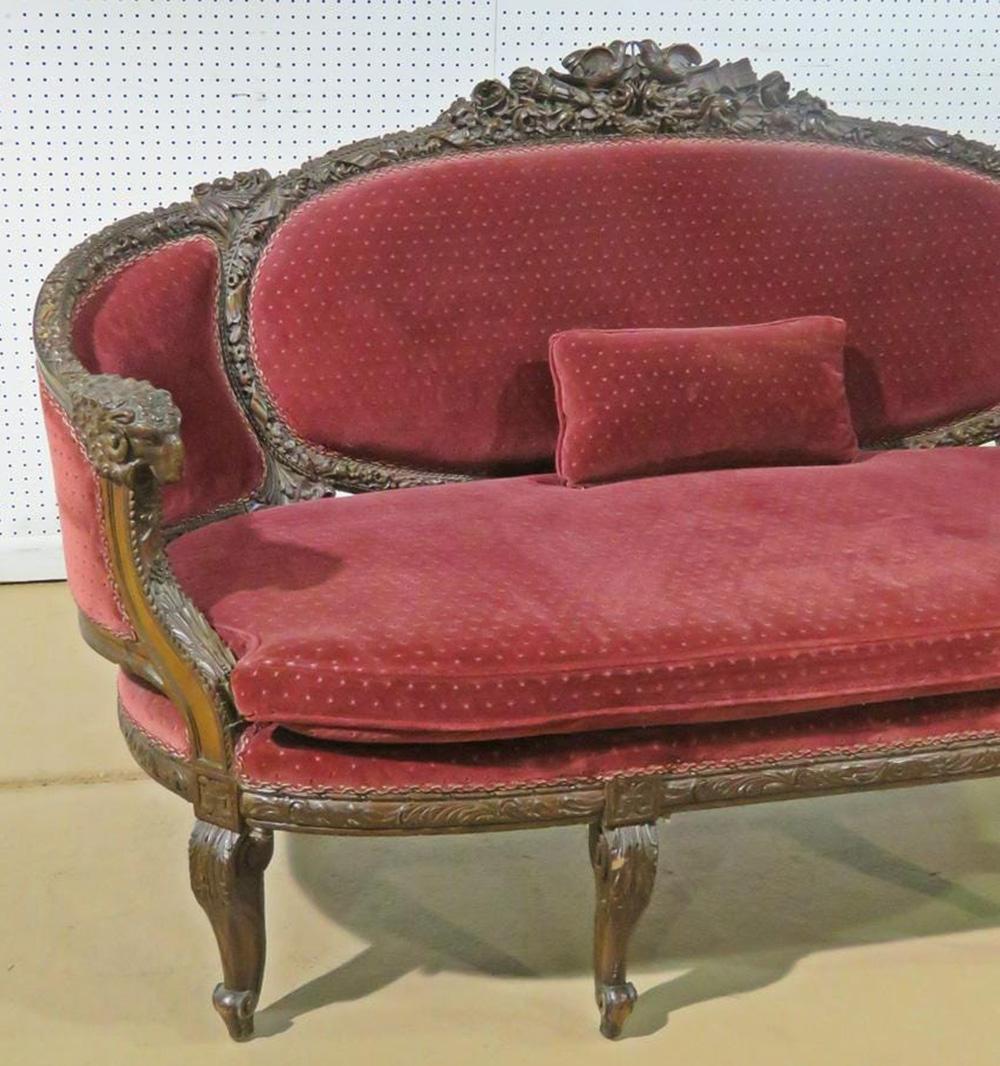 Carved Walnut French Rams Head Louis XVI Settee Canape Sofa, Circa 1920 5