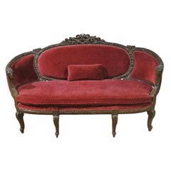 Carved Walnut French Rams Head Louis XVI Settee Canape Sofa, Circa 1920