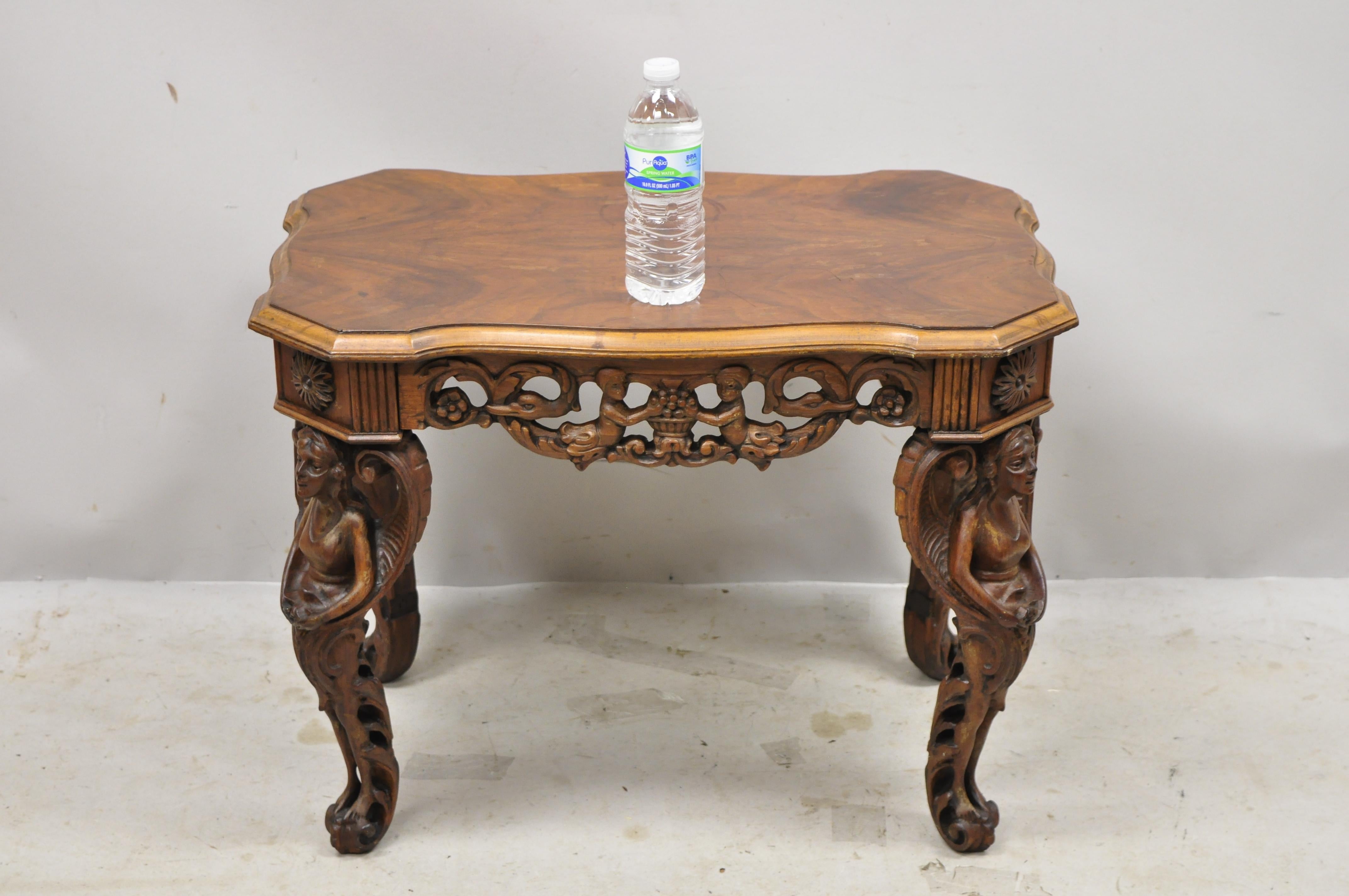 Carved Walnut French Renaissance Small Figural Coffee Table with Winged Maidens 5