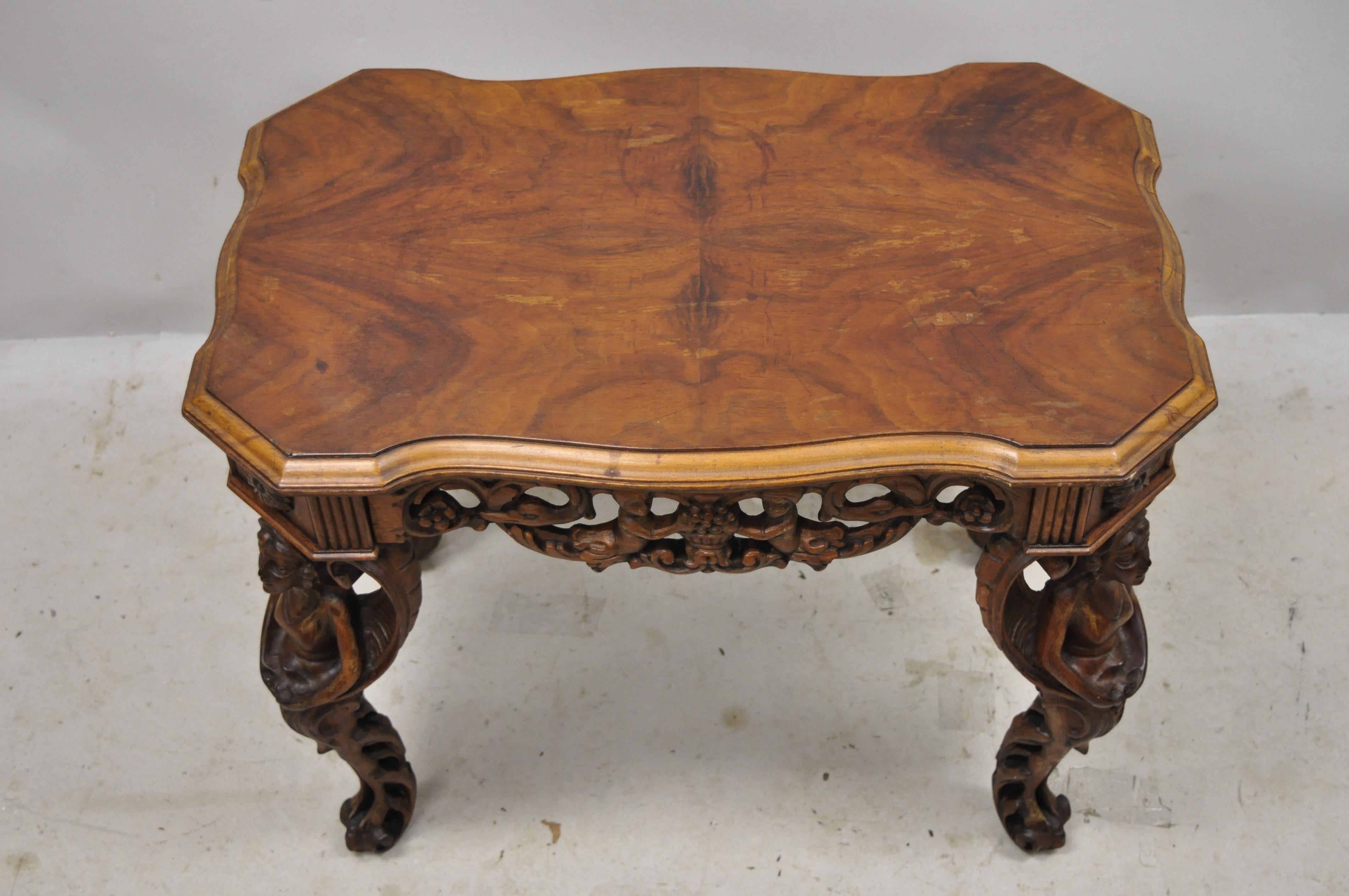 Carved Walnut French Renaissance Small Figural Coffee Table with Winged Maidens 7