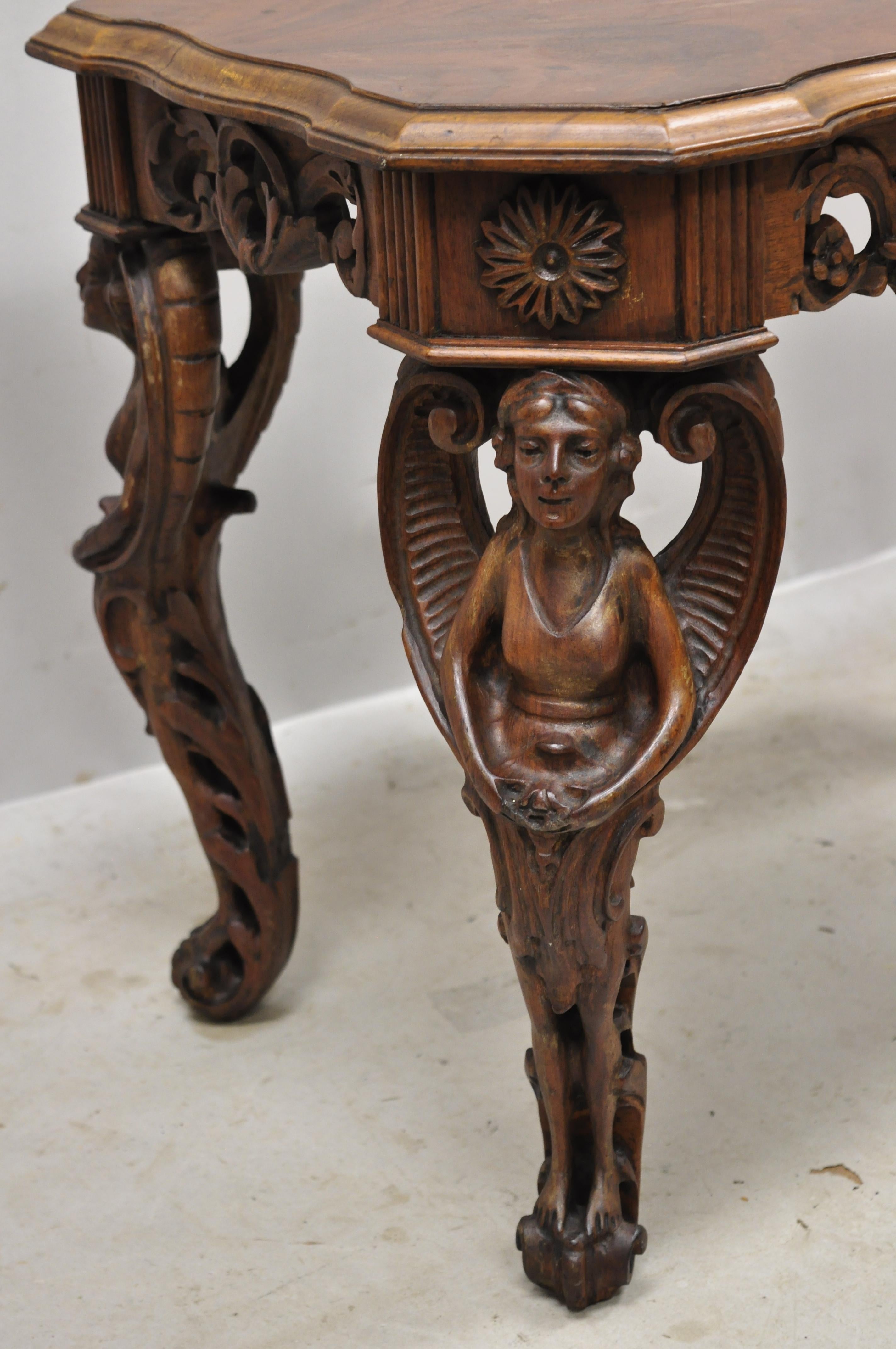 Carved Walnut French Renaissance Small Figural Coffee Table with Winged Maidens 2