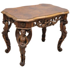 Carved Walnut French Renaissance Small Figural Coffee Table with Winged Maidens