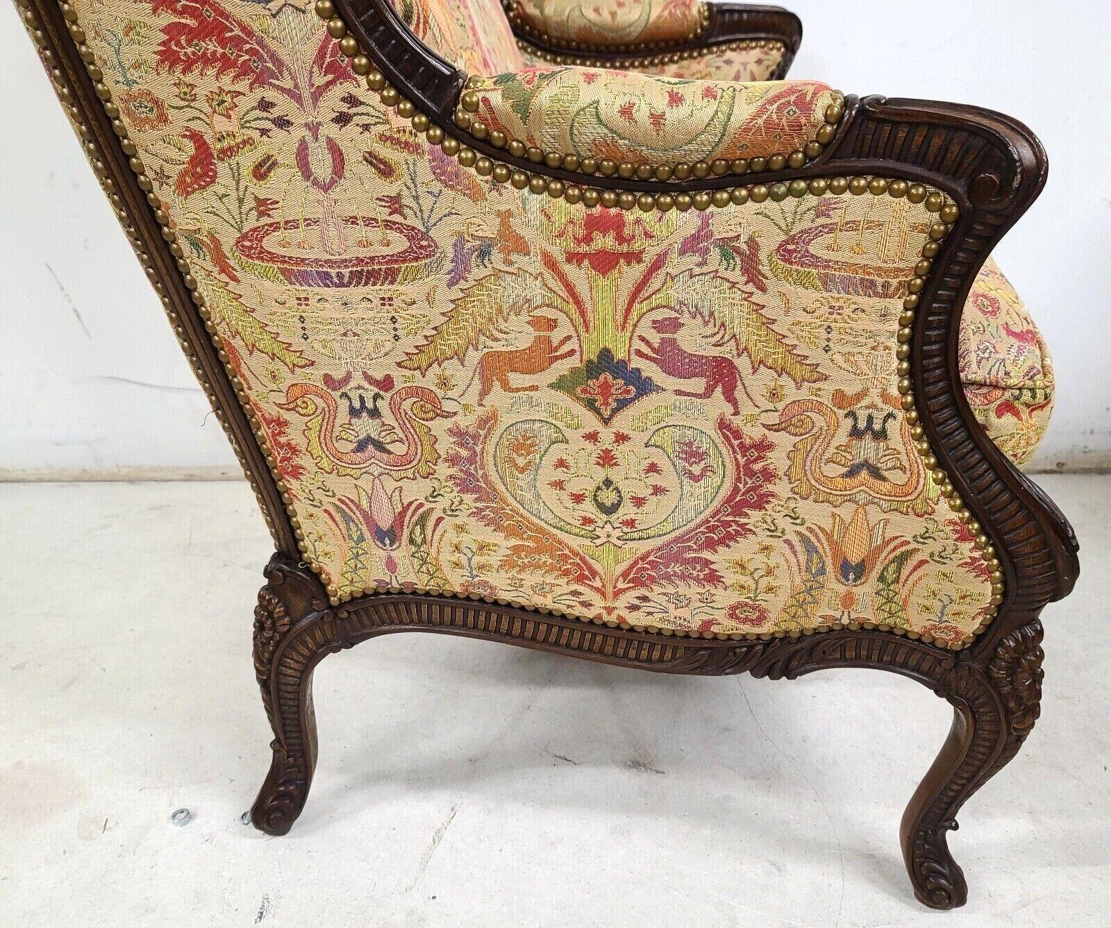 French Provincial Carved Walnut French Wingback Library Reading Chair by E J Victor