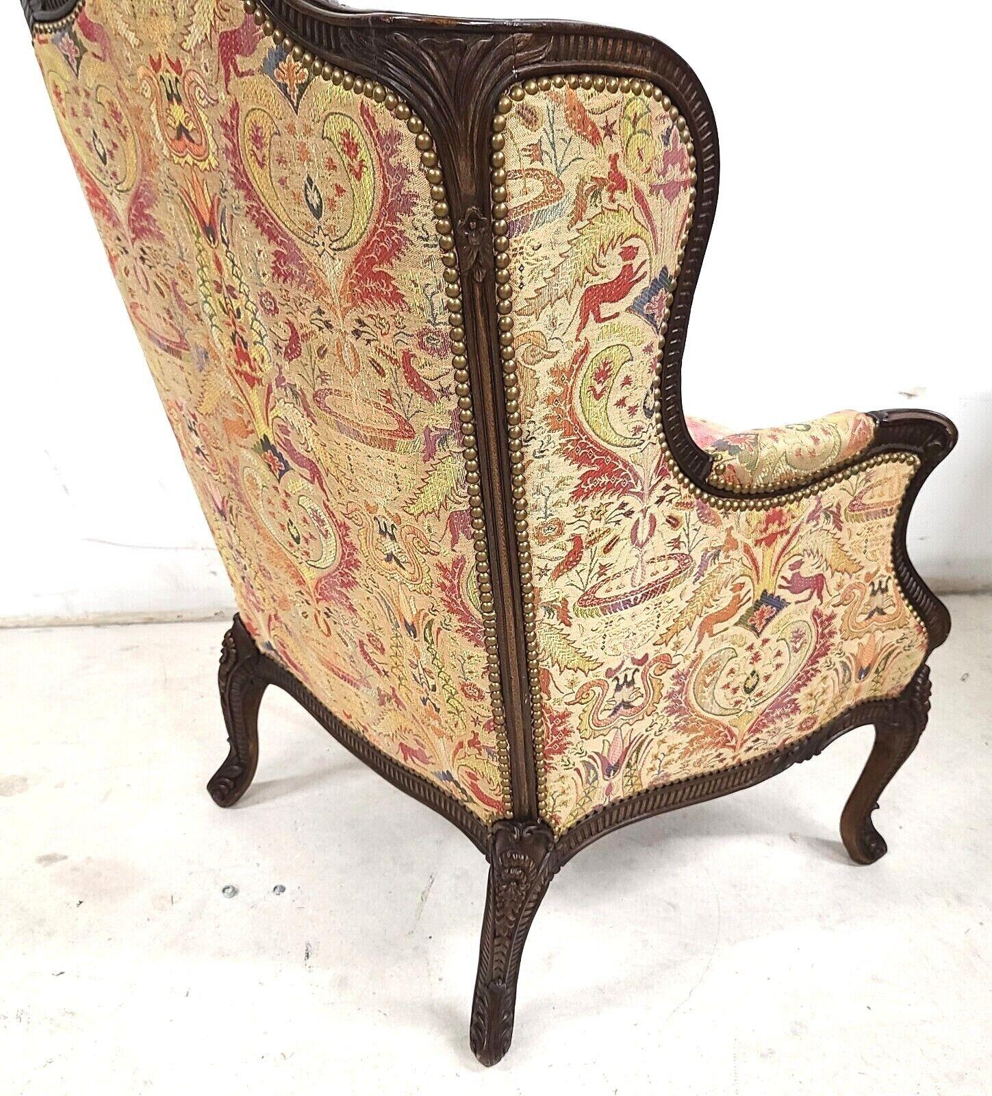 Carved Walnut French Wingback Library Reading Chair by E J Victor In Good Condition In Lake Worth, FL
