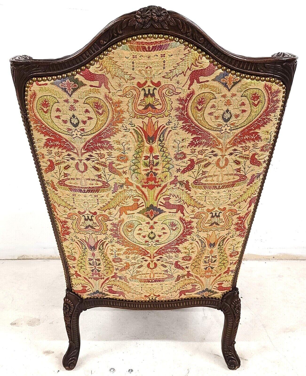 Late 20th Century Carved Walnut French Wingback Library Reading Chair by E J Victor