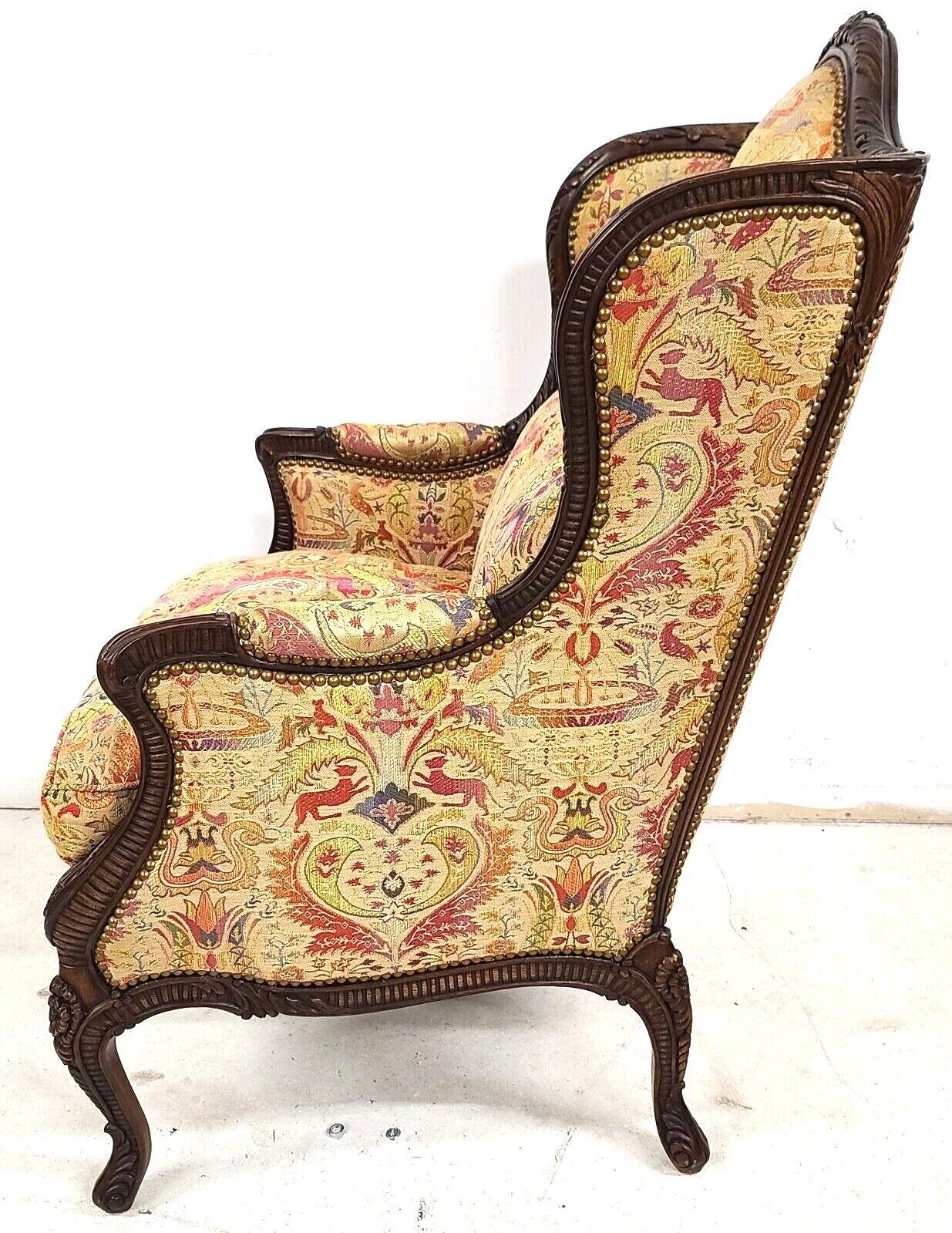 Cotton Carved Walnut French Wingback Library Reading Chair by E J Victor