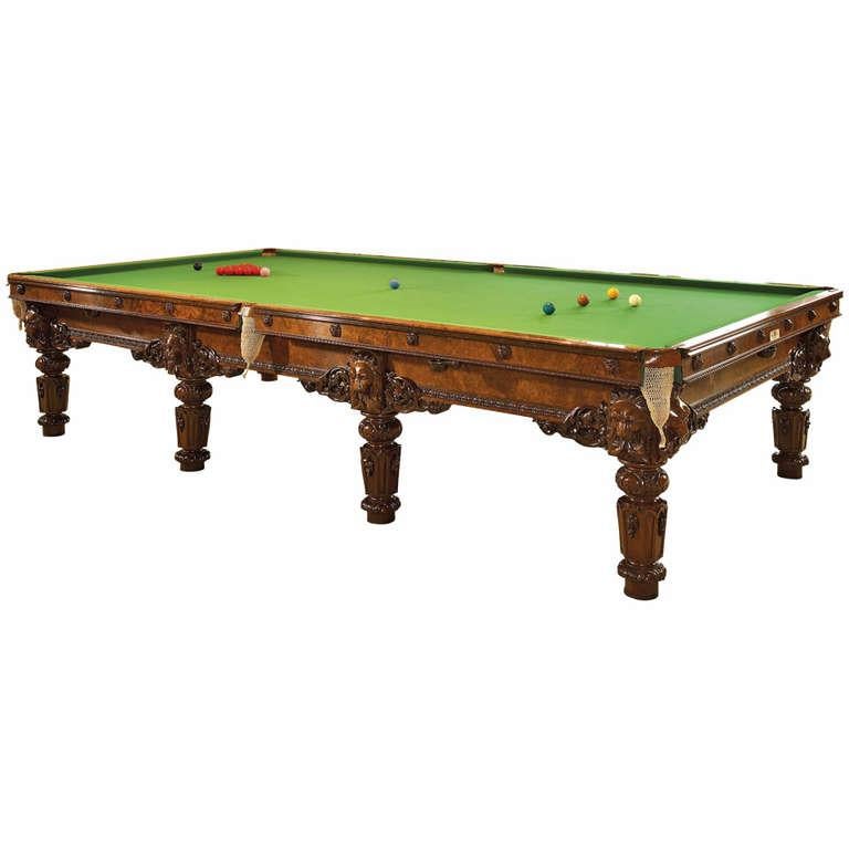 Carved Walnut Full Size Billiard Table and Accessories by Cox & Yeman