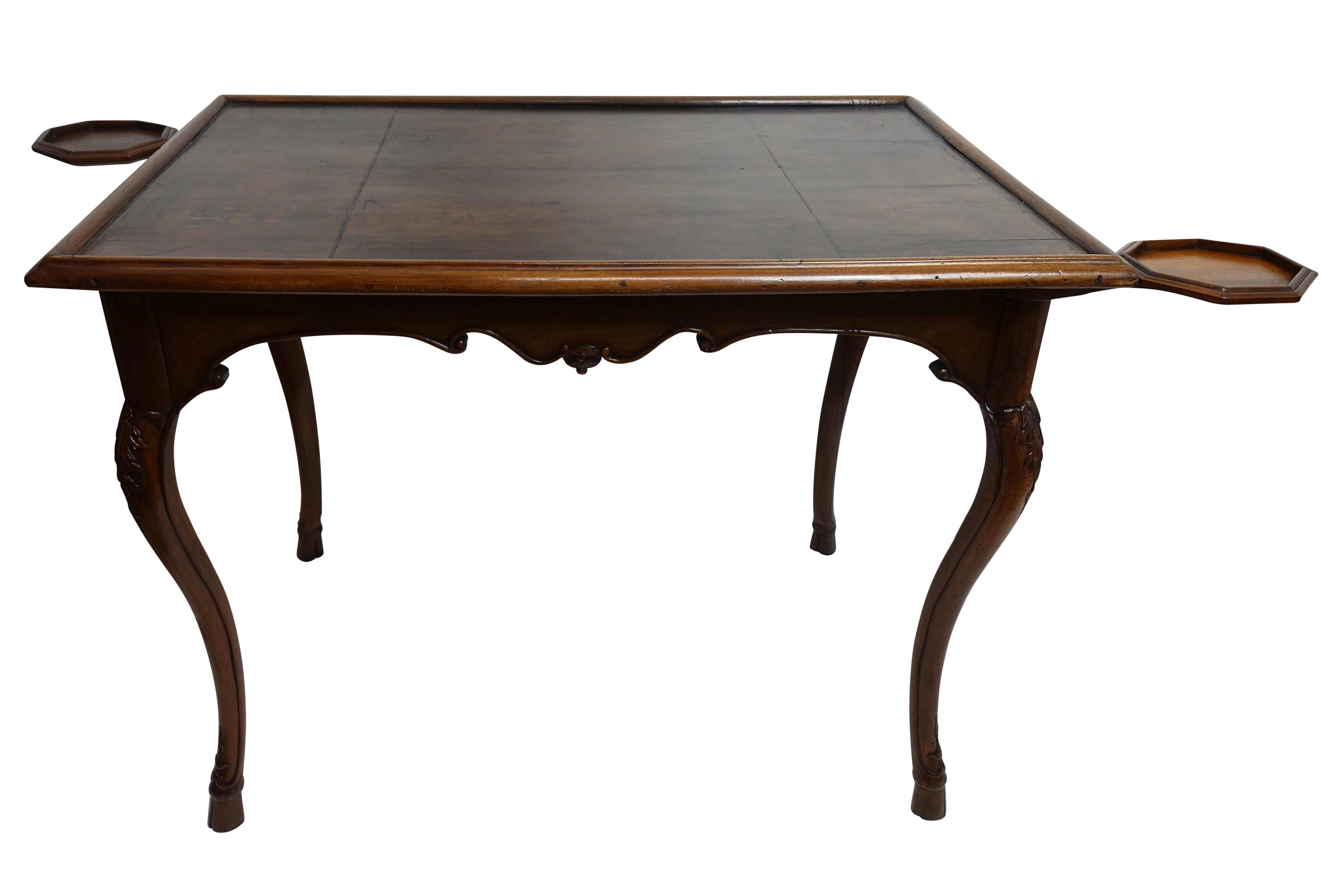 Carved Walnut Game Table with Inset Leather Top, French, 18th Century In Good Condition In San Francisco, CA