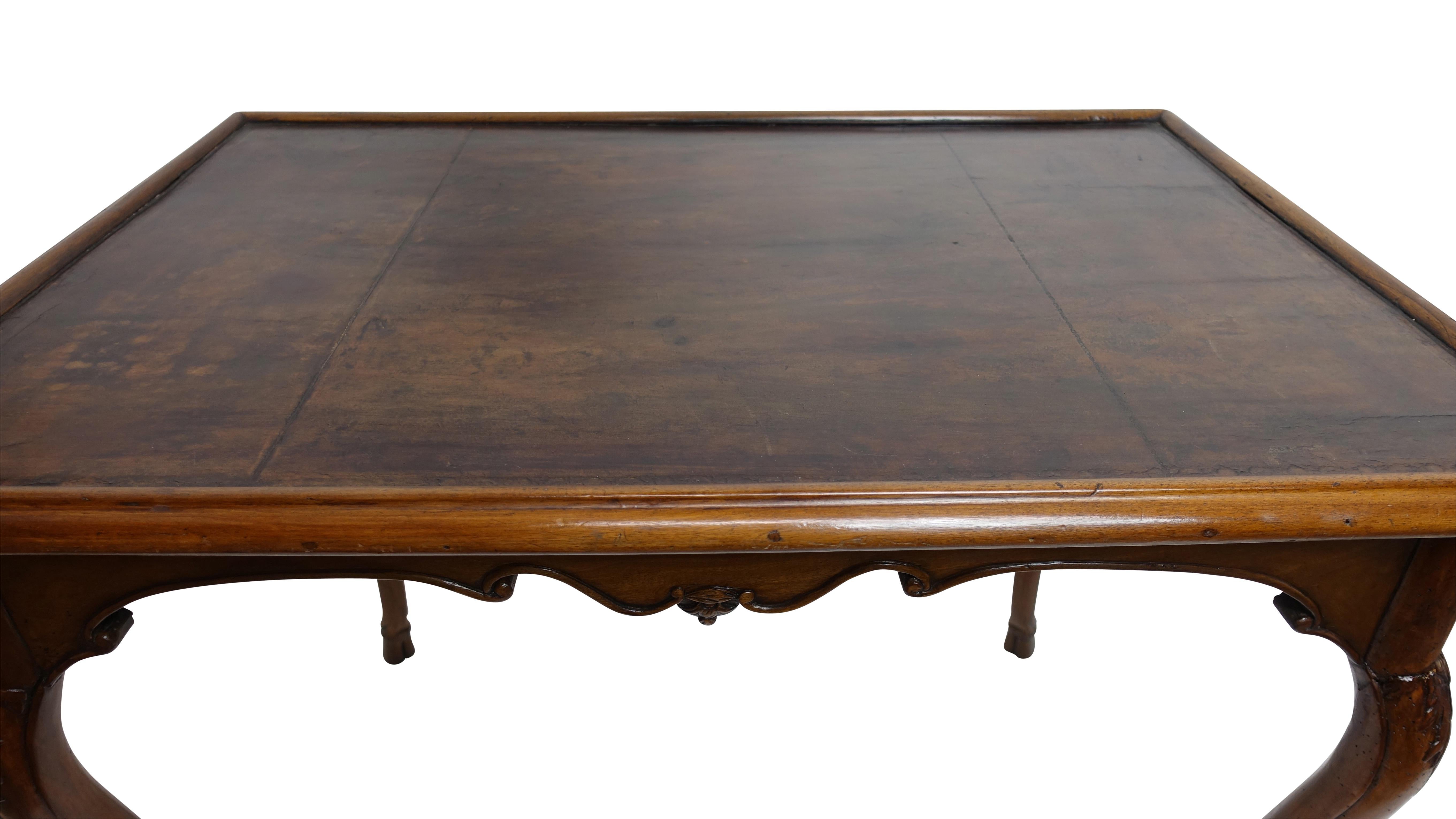Carved Walnut Game Table with Inset Leather Top, French, 18th Century 1
