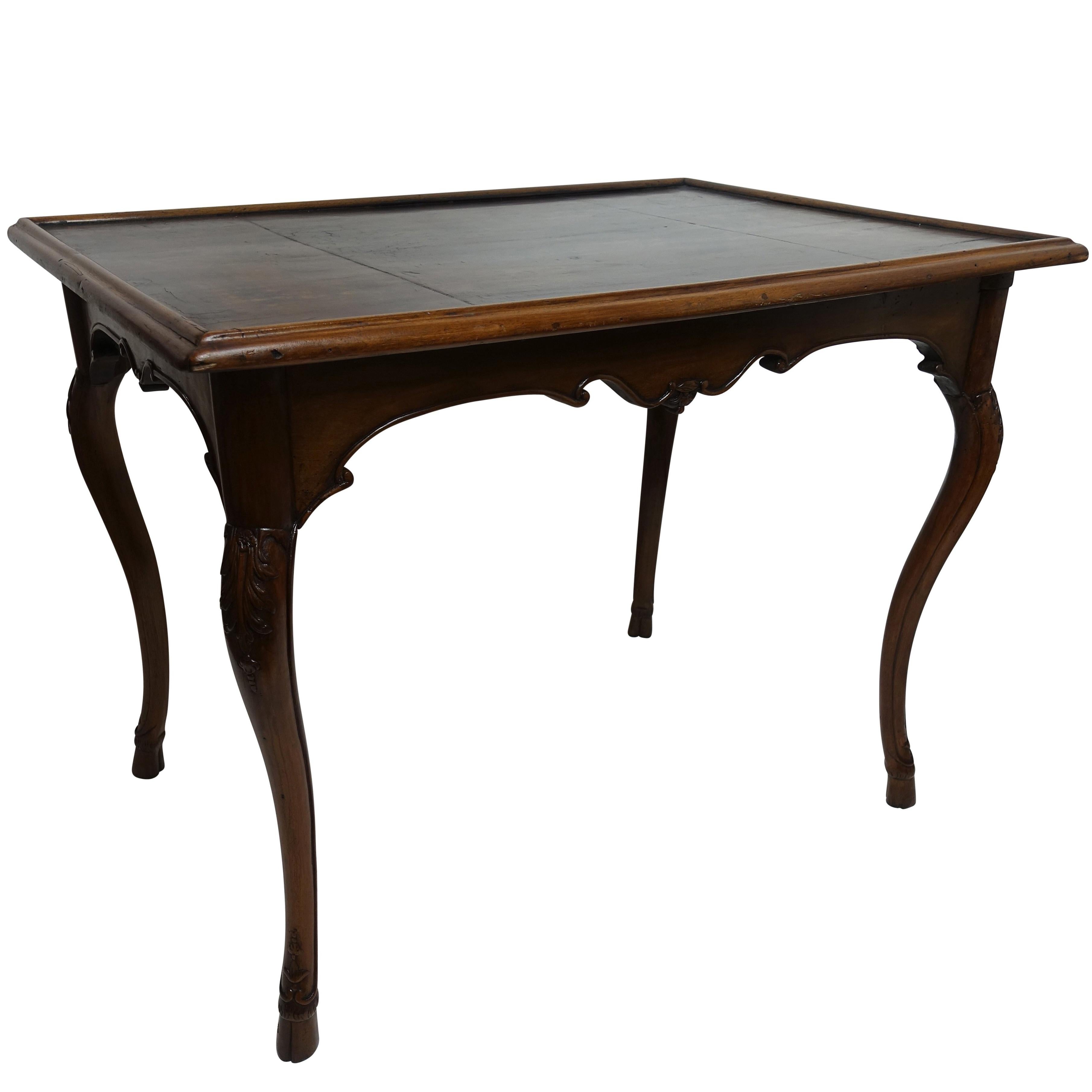 Carved Walnut Game Table with Inset Leather Top, French, 18th Century