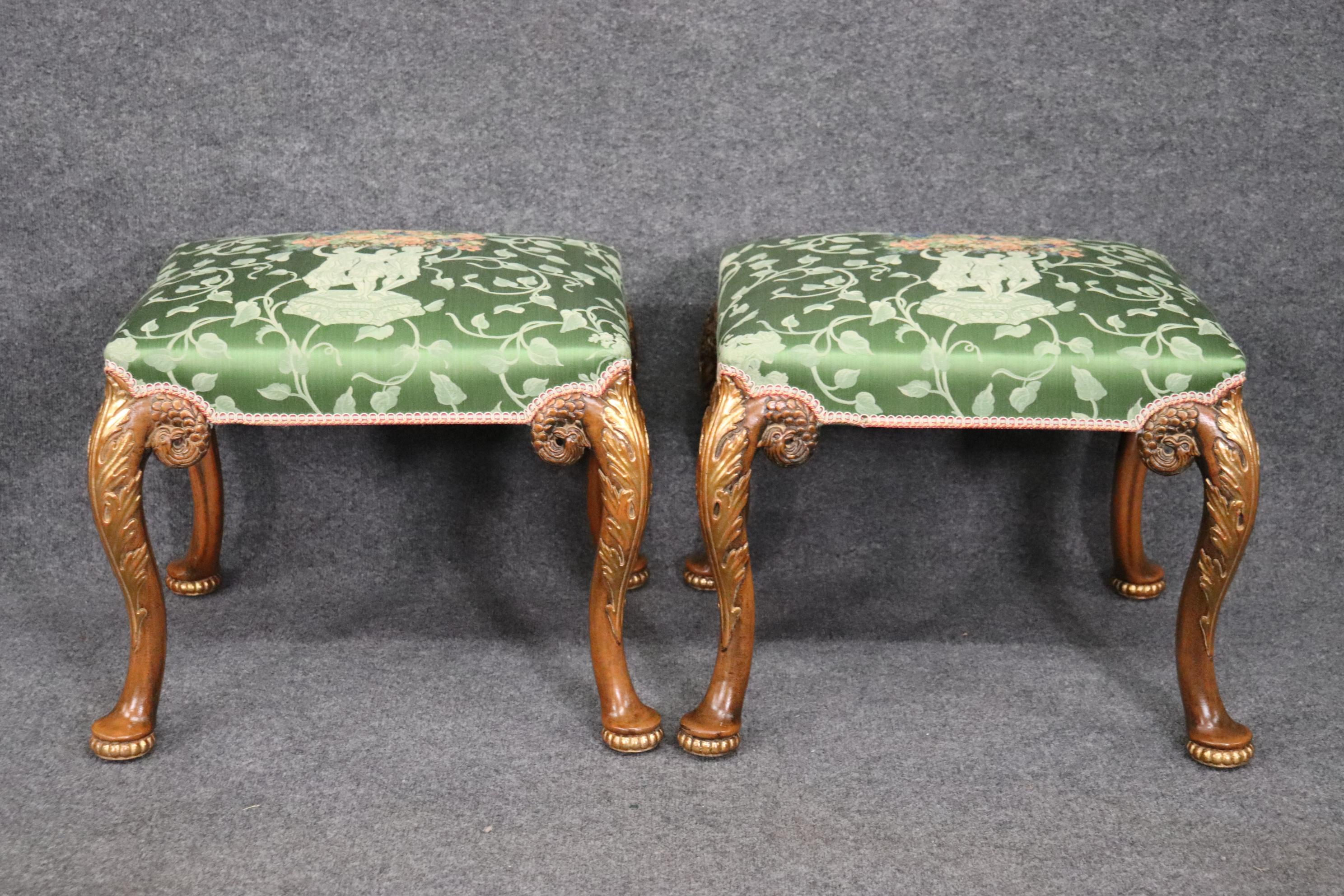 English Carved Walnut Georgian Style Pair of Foot Stools Benches, Circa 1920