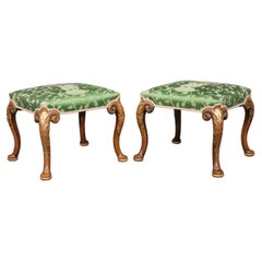 Carved Walnut Georgian Style Pair of Foot Stools Benches, Circa 1920