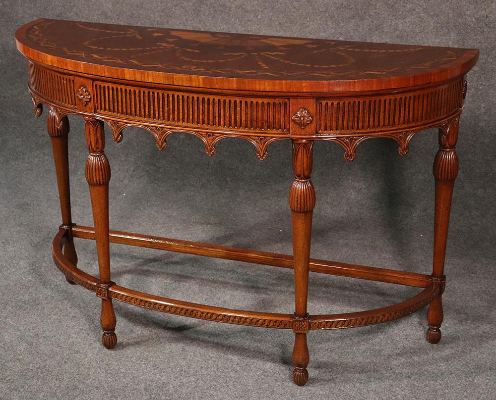 Mid-20th Century Carved Walnut Inlaid French Louis XVI Style Demilune Console Table, circa 1950