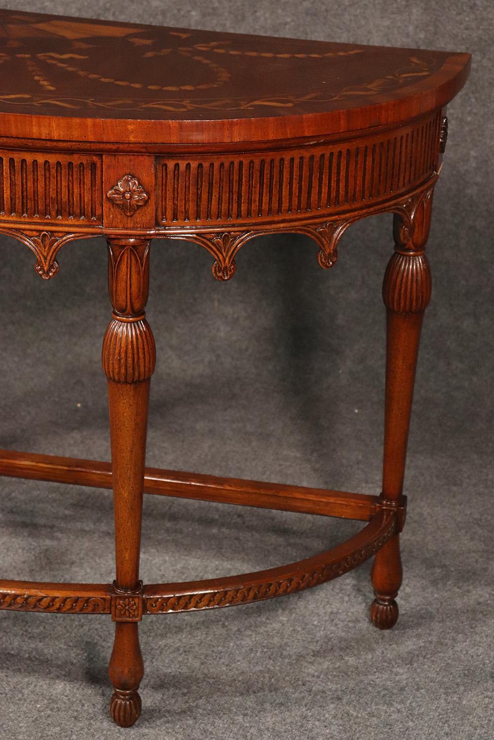 Carved Walnut Inlaid French Louis XVI Style Demilune Console Table, circa 1950 In Good Condition In Swedesboro, NJ