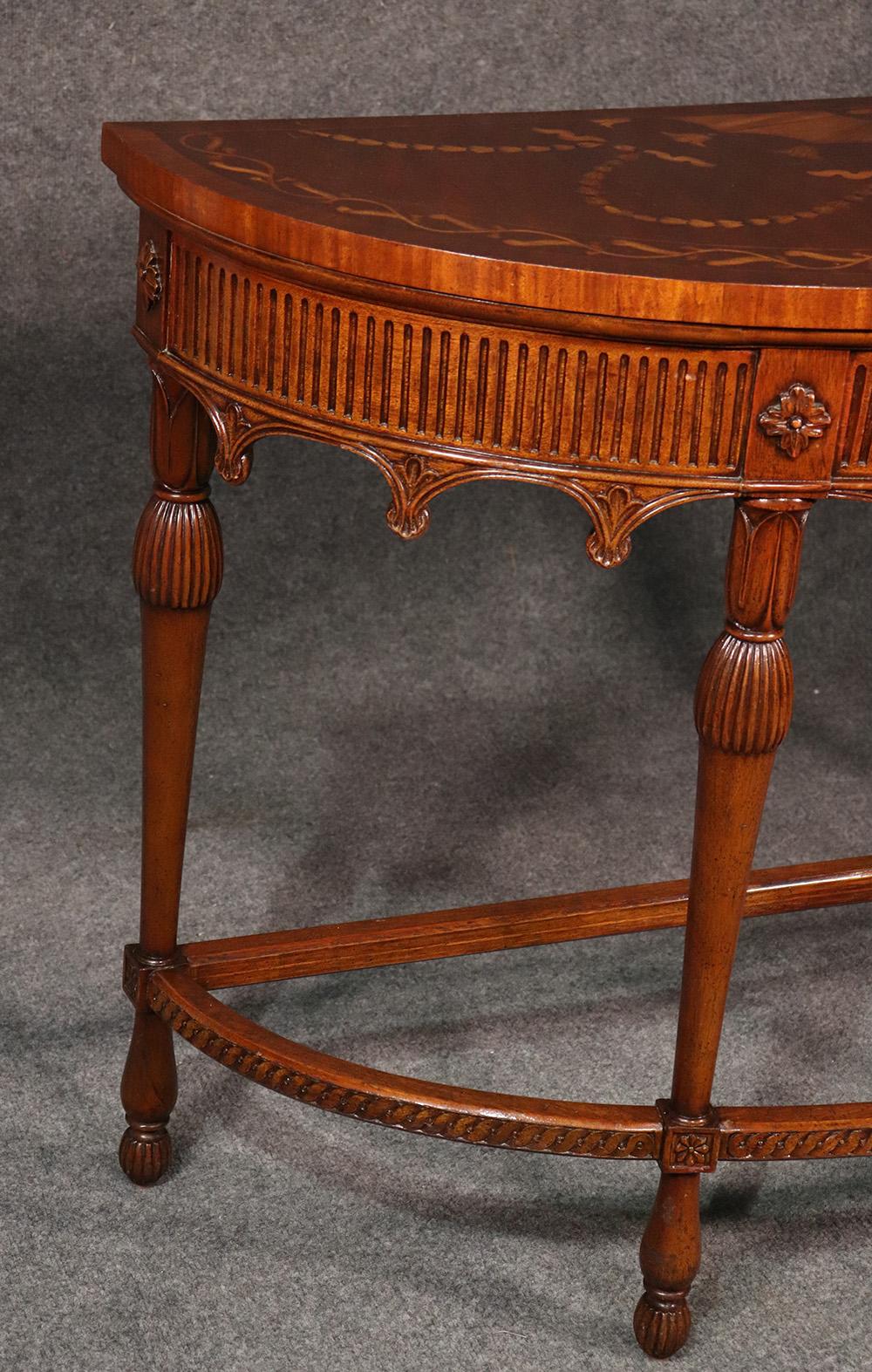 Carved Walnut Inlaid French Louis XVI Style Demilune Console Table, circa 1950 2