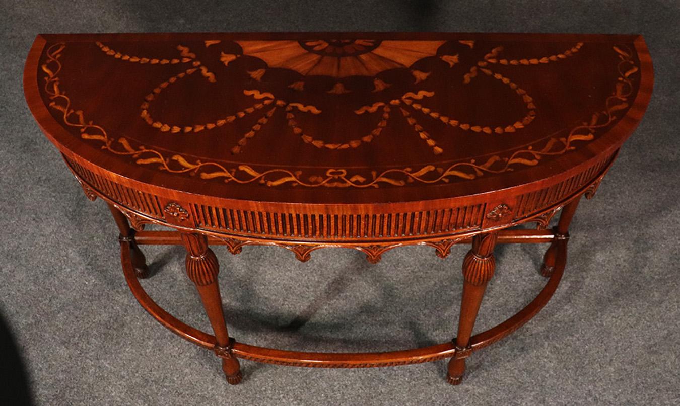 Carved Walnut Inlaid French Louis XVI Style Demilune Console Table, circa 1950 3