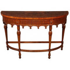Carved Walnut Inlaid French Louis XVI Style Demilune Console Table, circa 1950