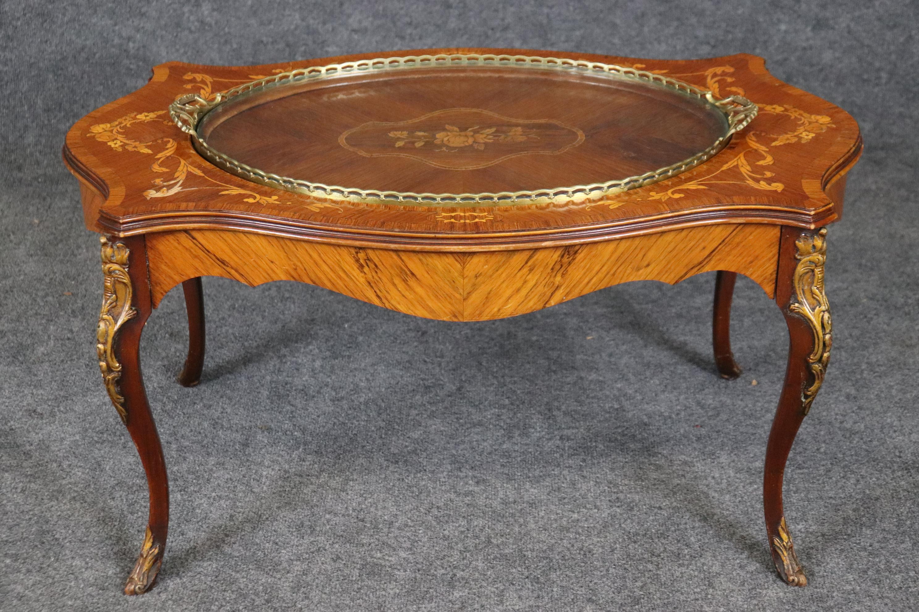 Brass Carved Walnut Inlaid French Serving Tray Louis XV Style Coffee Cocktail Table