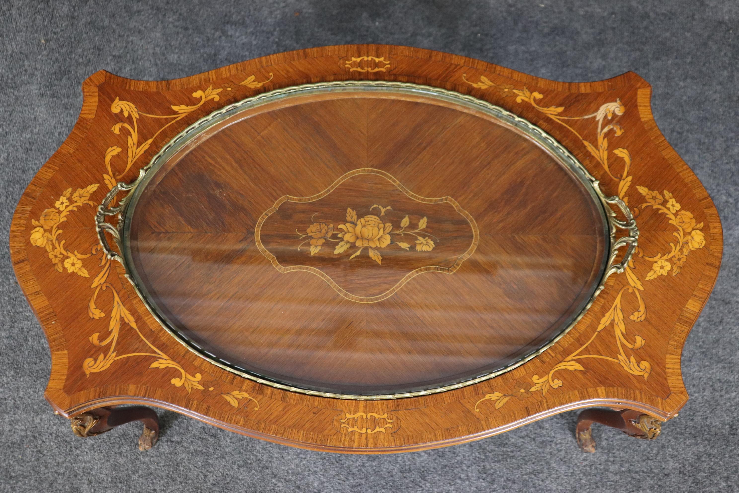 Carved Walnut Inlaid French Serving Tray Louis XV Style Coffee Cocktail Table 2