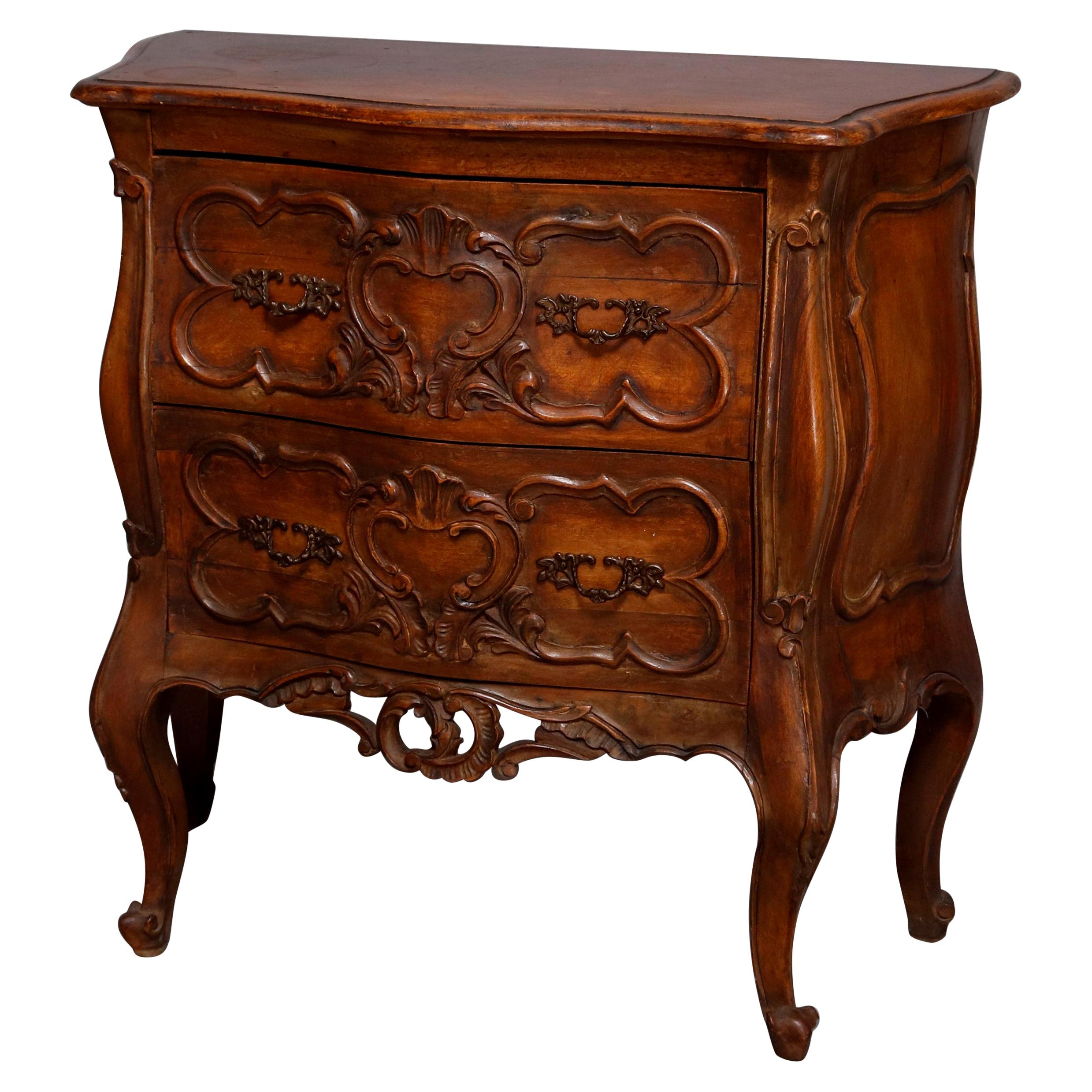 Carved Walnut Italian Rococo Style 2-Drawer Bombe Commode, 20th Century